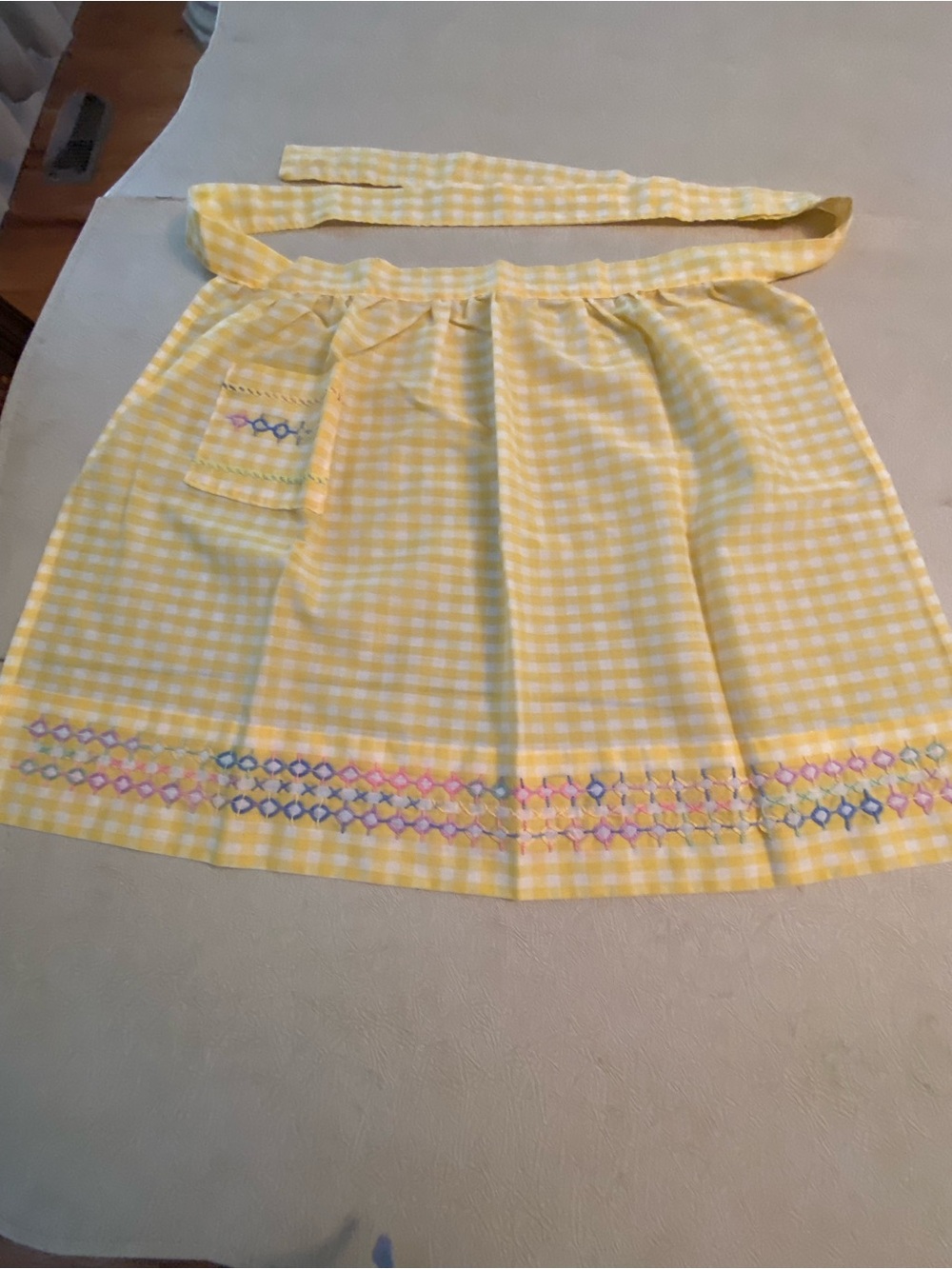 Vintage Yellow Gingham Half Apron with Pastel Embroidery